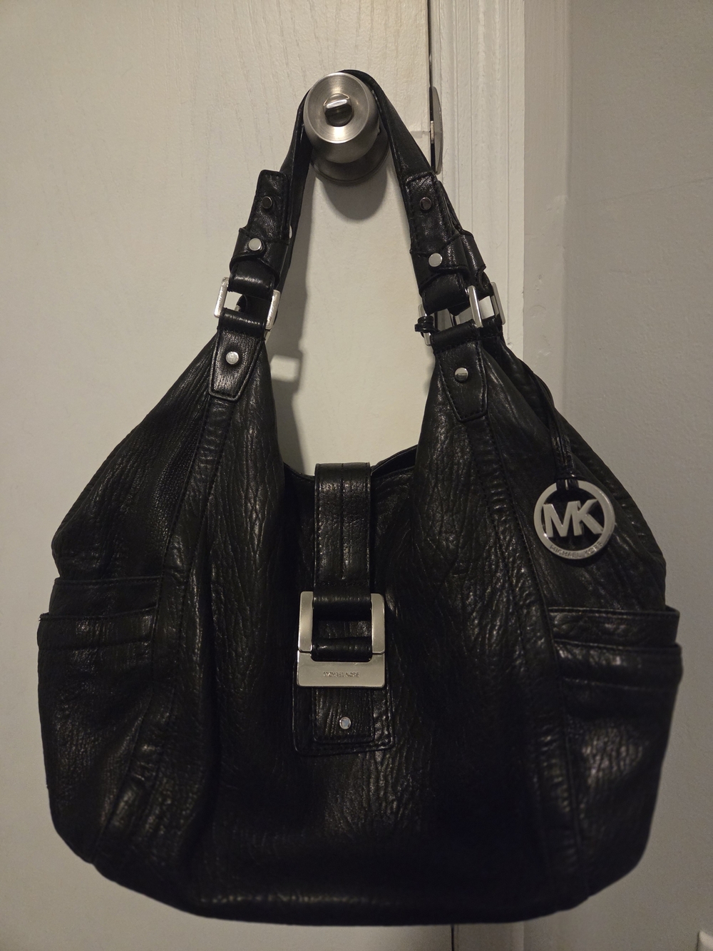 Michael Kors Black Leather Shoulder Bag with MK Charm